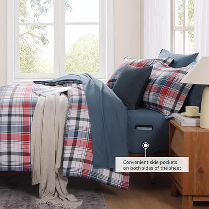 MaiRêve Queen Size Plaid Comforter Set Navy Red, Classic 7 Pieces Farmhouse Bedding Set, All Season Lightweight Bed in A Bag with Sheets, Pillowcases & Shams