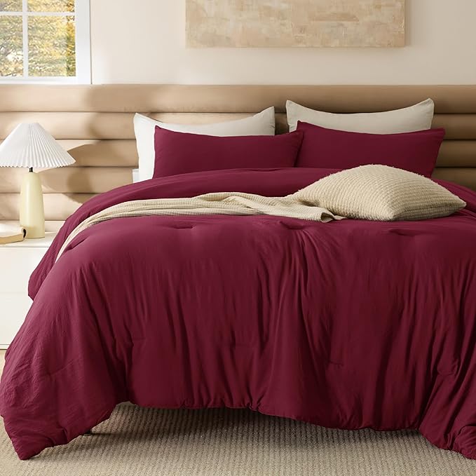 Bedsure Queen Comforter Set, Dark Red Soft Prewashed Bedding for All Seasons, 3 Pieces GentleSoft™ Bed Set, 1 Lightweight Comforter (90"x90") and 2 Pillowcases (20"x26")