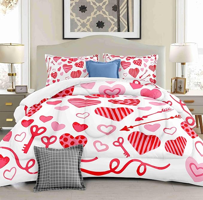 Valentine Hearts King Size Comforter Set with 2 Pillowcases, Red and Pink Heart Printed Pillow Shams Soft 3 Pcs Bedding for Kids Adults Bedroom Dormroom Bed Decor All Season