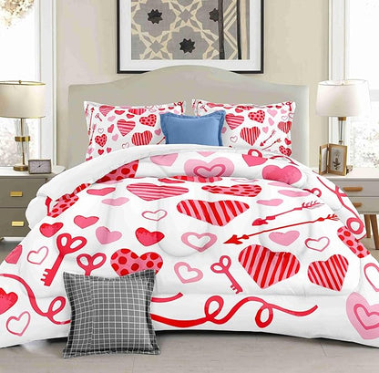 Valentine Hearts King Size Comforter Set with 2 Pillowcases, Red and Pink Heart Printed Pillow Shams Soft 3 Pcs Bedding for Kids Adults Bedroom Dormroom Bed Decor All Season