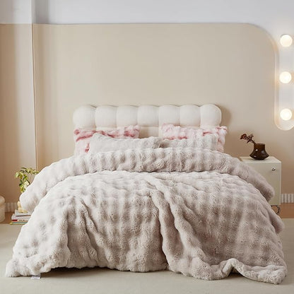 Simple&Opulence Fluffy Faux Fur Comforter Set, Plush Fuzzy Minky Bedding Set, 3 Pieces Warm Soft Comforter Bedding Set for Winter - 1 Shaggy Comforter with 2 Pillow Shams(Queen, Oatmeal)