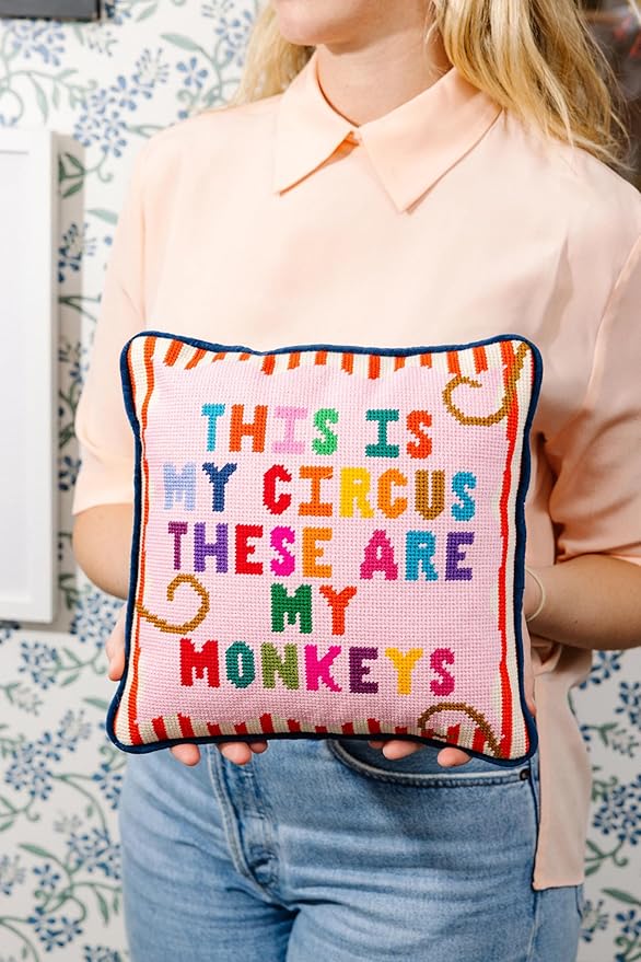 FURBISH Handmade Needlepoint Decorative Throw Pillow - My Circus - 11"x11" - Small Embroidered Designer Pillow for Living Room, Couch, Sofa, Chair & Bed - Eclectic Home Decor