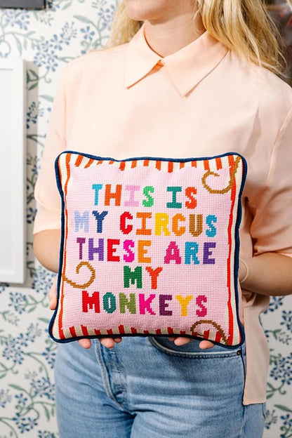 FURBISH Handmade Needlepoint Decorative Throw Pillow - My Circus - 11"x11" - Small Embroidered Designer Pillow for Living Room, Couch, Sofa, Chair & Bed - Eclectic Home Decor
