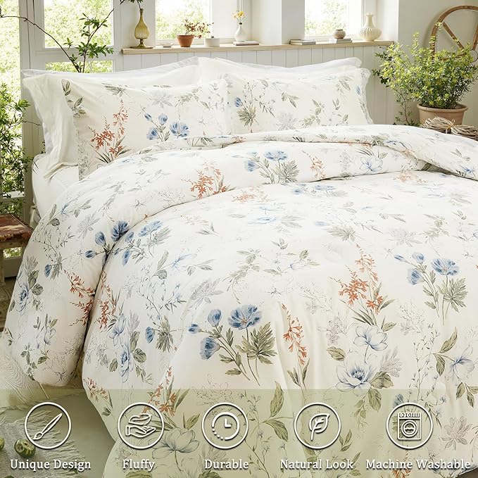 Floral Comforter Set Queen Size 100% Cotton Comforter Green Floral Bedding Comforter Set 3pcs Ultra Soft and Easy Care Reversible Lightweight Bedding Sets