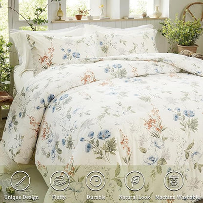 Floral Comforter Set Queen Size 100% Cotton Comforter Green Floral Bedding Comforter Set 3pcs Ultra Soft and Easy Care Reversible Lightweight Bedding Sets