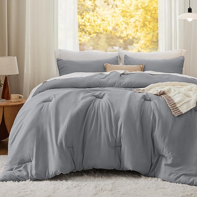 Bedsure Full Comforter Set, Grey Soft Prewashed Bedding for All Seasons, 3 Pieces GentleSoft™ Bed Set, 1 Lightweight Comforter (82"x86") and 2 Pillowcases (20"x26")