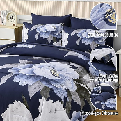Dobuyly Navy Blue King Size Comforter Set 7 Piece Bed in a Bag, Floral Comforter Set with Sheets, Soft Microfiber Botanical Flowers Complete Bedding Set for All Season