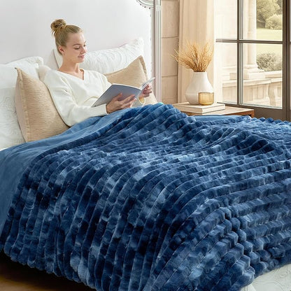 Cozy Bliss Faux Fur Throw Blanket for Couch, Cozy Warm Plush Striped Blanket for Sofa Bedroom Living Room, 90 * 90 Inches Tie-dye Blue