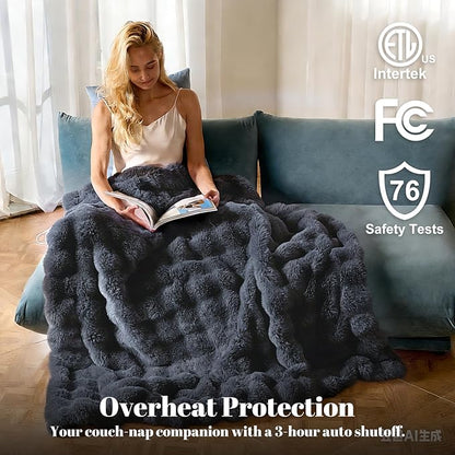 IUUI Electric Heated Blanket King 90''x100'',Luxury Faux Rabbit Fur Heating Throw Blankets,Fast Heating with 1/2/4/6/8/10 Hours,Overheat Protection, Quick Heating, Memory Function, Gift-Ready Design