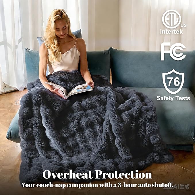 IUUI Electric Heated Blanket Queen 84''x90'',Luxury Faux Rabbit Fur Heating Throw Blankets,Fast Heating with 1/2/4/6/8/10 Hours,Overheat Protection, Quick Heating, Memory Function, Gift-Ready Design