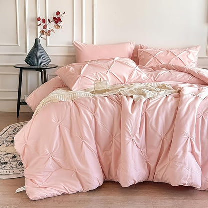 Maple&Stone Full Size Comforter Sets for Girls, 7 Pieces Bedding Sets Full, Pintuck Bed in a Bag Bed Set with Comforter, Sheets, Pillowcases & Shams - Pink