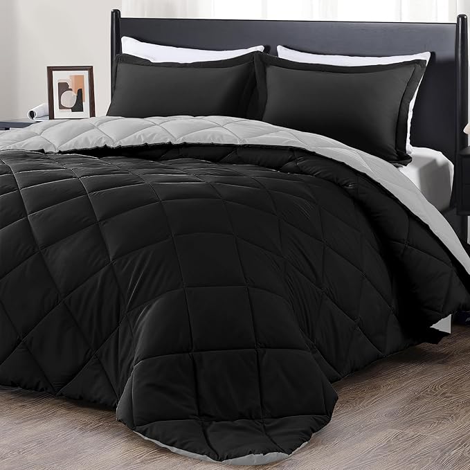 downluxe California King Comforter Set - Black and Grey Cal King Comforter Set, Soft Bedding Sets for All Seasons - 3 Pieces - 1 Comforter (104"x96") and 2 Pillow Shams(20"x36")