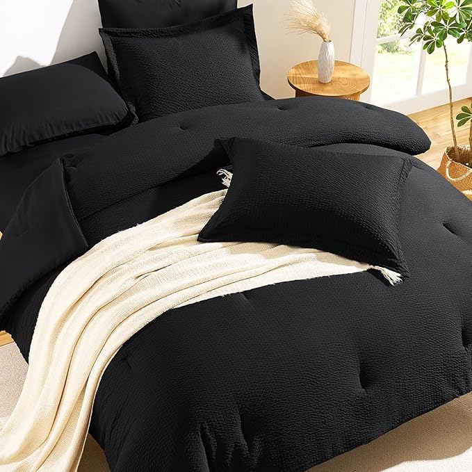 CozyLux King Size Comforter Set Black - 7 Pieces Striped Seersucker Bed in a Bag, Soft Lightweight Boho Bedding Set with All Season Comforters King Size, Sheets, Pillowcases & Shams