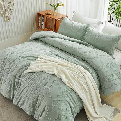 Andency Sage Green Tufted Comforter Set Queen(90x90Inch), 3 Pieces(1 Tufts Comforter, 2 Pillowcases) Boho Textured Farmhouse Bed, Microfiber Down Alternative Geometric Bedding Set