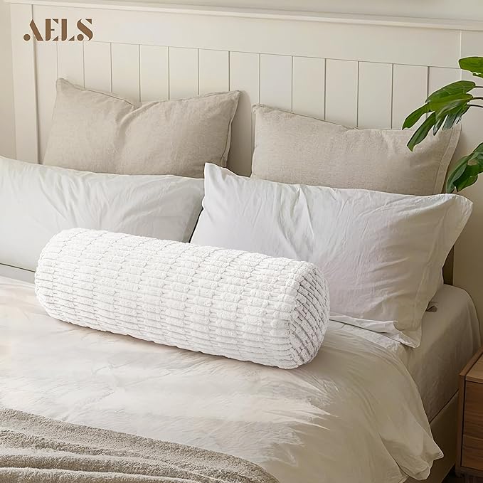 AELS Corduroy Striped Cylinder Pillows, 8" x 24" Decorative Bolster Pillows with Removable Washable Cover and Insert, Body Pillow for Couch and Bed, Living Room Bedroom Nursery Decor, White