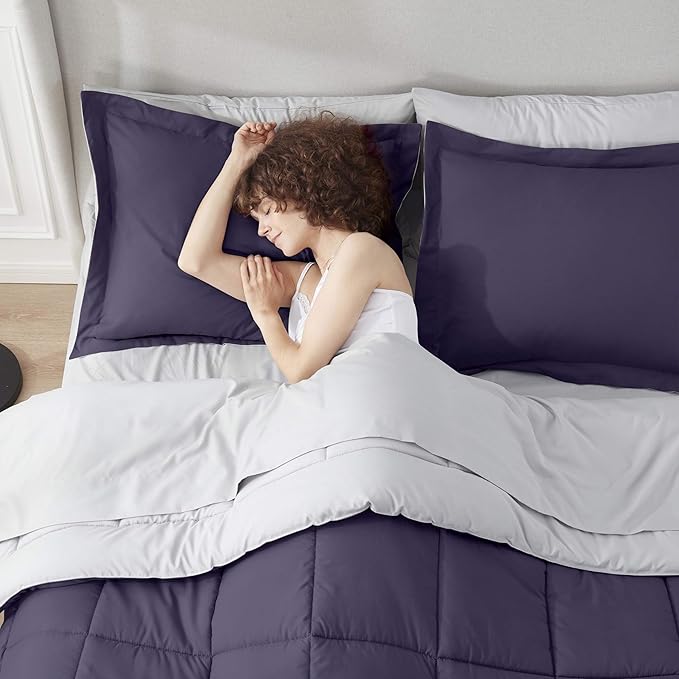Nestl 7 Piece King Comforter Set – Purple Reversible Bed in a Bag – Complete King Size Bedding Set with Sheets, Pillowcases and Shams