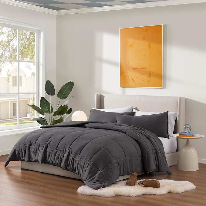 UGG Leonora Comforter Set with 2 Pillow Shams Lightweight Down Alternative Blanket Reversible Cozy Warm All Season Washable and Hypoallergenic Bedding Set, King, Charcoal Grey