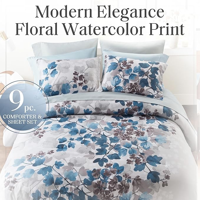 Madison Park Full Comforter Set with Sheets, Floral Bed in A Bag Soft Microfiber Comforter for Full Size Bed, All Season Lightweight Comforters Full Bed Set, Alexis, 9 Piece Blue