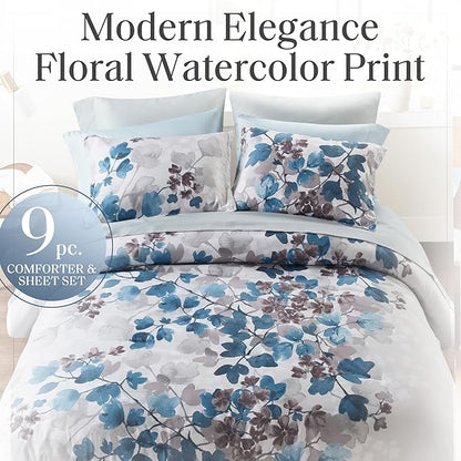 Madison Park Full Comforter Set with Sheets, Floral Bed in A Bag Soft Microfiber Comforter for Full Size Bed, All Season Lightweight Comforters Full Bed Set, Alexis, 9 Piece Blue