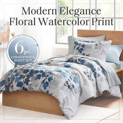 Madison Park Twin XL Comforter Set with Sheets, Floral Bed in A Bag Soft Microfiber Comforter for Twin XL Size Bed, All Season Lightweight Comforters Twin XL Bed Set, Alexis, 6 Piece Blue