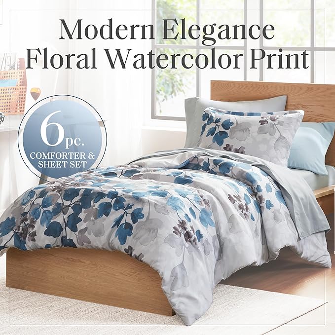 Madison Park Twin Comforter Set with Sheets, Floral Bed in A Bag Soft Microfiber Comforter for Twin-Size Bed, All Season Lightweight Comforters Twin Bed Set, Alexis, 6 Piece Blue