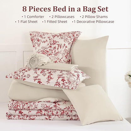 WONGS BEDDING Floral Queen Size Comforter Set, 8 Pieces Christmas Red Flower Botanical Comforter for All Seasons, Bed in a Bag Elegant Plants Bedding Sets (90"x90")