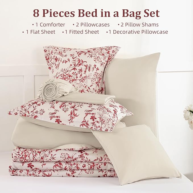 WONGS BEDDING Floral King Size Comforter Set, 8 Pieces Christmas Red Flower Botanical Comforter for All Seasons, Bed in a Bag Elegant Plants Bedding Sets (90"x104")