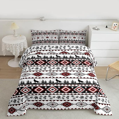Manfei Aztec Geometric Kids Comforter Set Twin Size,Rustic Farmhouse Wolf Bedding Set for Boys Girls Room Decor,Pine Tree Country Quilt Comforter,Red Black Duvet Set Bedroom Quilt Set,1 Pillowcase