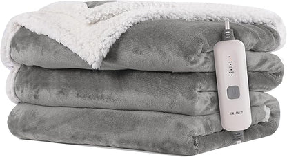 Electric Heated Blanket 62"x84" Twin Size Flannel & Sherpa - 4 Heat Settings & 10H Auto Shut Off for Safe Overnight Use, Fast Heating, Machine Washable for Bed, Couch, Office - Light Gray