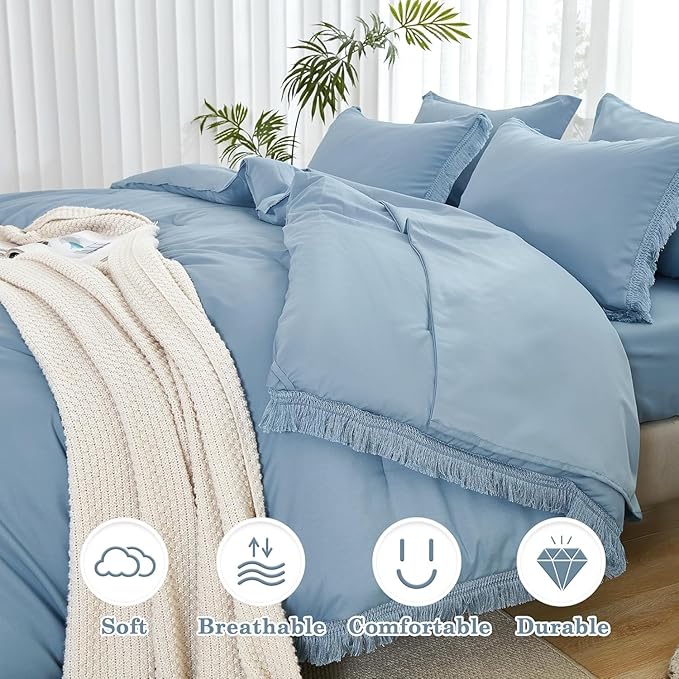 Andency Oversized King Comforter Set with Sheets 120x120 Grayish Blue - 7 Pieces Boho Tassel Bed in a Bag Soft Lightweight Bedding Sets, Fringe Bed Set with Comforter, Sheets, Pillowcases & Shams