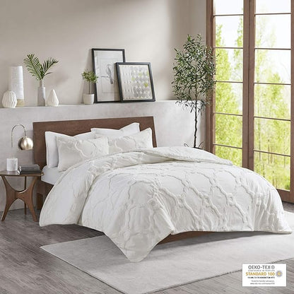 Madison Park Tufted Chenille Cotton Comforter, All Season Bedding Set, Matching Shams, Pacey Shabby Chic, Geometric Ogee Off White King/Cal King(104"x92") 3 Piece