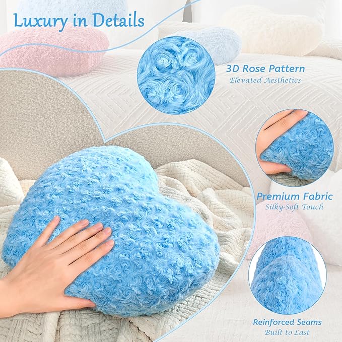Heart Pillow Blue Throw Pillows, Soft and Fluffy Decorative Pillows for Bed Couch Chair, Cute Heart Shaped Room Decor for Valentine Anniversary Birthday Halloween Christmas (Medium, 20"x15")
