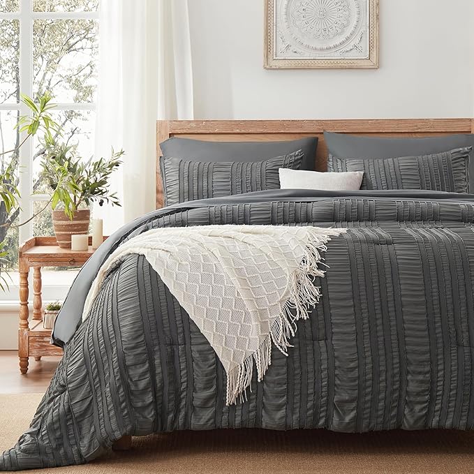 Dark Grey Tufted Textured Comforter Set Queen Size, 7 Piece Bed in a Bag，Shabby Chic Boho Bedding for Bedroom Comforter，All Season Soft Microfiber Ruffle Comforter Set with Pillow and Sheets