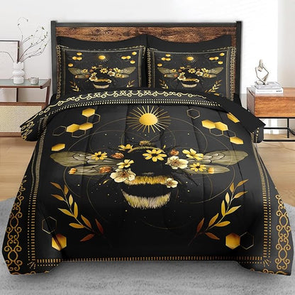 Comforter Set Queen Size, Bee Yellow Sweet 7 Pcs Bedding for Kids and Adults, Vintage Sunflower Black Bed Sheet Sets with Fitted Sheet 2 Pillowcases & 2 Shams for Bedroom Bed Decor