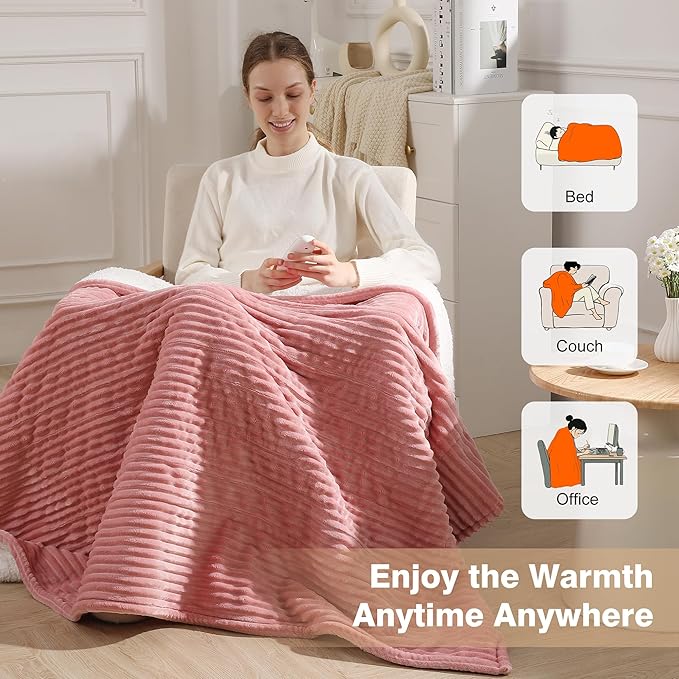 Electric Blanket Full Heated Blanket Full Size- Striped Flannel & Thick Sherpa, 5 Heat Settings & 10 Hour Auto Off with FCC/ETL Certified, Overheat Protection & Machine Washable, Pink 72"x84"