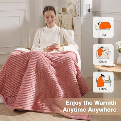 Electric Blanket Full Heated Blanket Full Size- Striped Flannel & Thick Sherpa, 5 Heat Settings & 10 Hour Auto Off with FCC/ETL Certified, Overheat Protection & Machine Washable, Pink 72"x84"