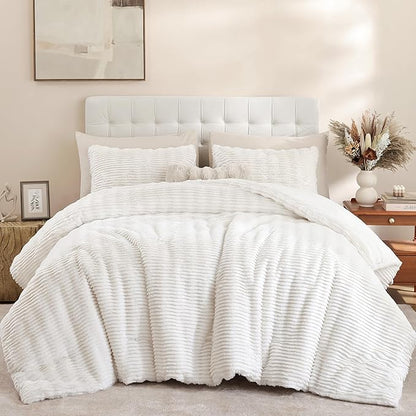 YIKUSH Queen Comforter Set Fluffy White Queen Size Bed Set Faux Rabbit Fur Fluffy Shaggy Furry Winter Bedding Ultra Soft Plush and Warm All Season 1 Comforter with 2 Pillow Cases (Queen, White)