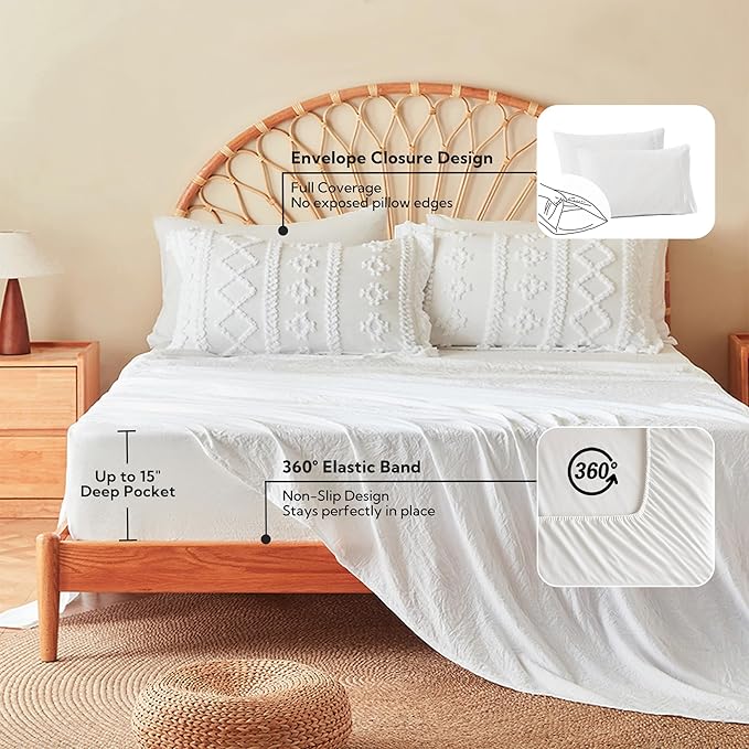 MR&HM White Boho Comforter Set, Farmhouse Bedding Set, Queen Bed in a Bag Set 7 Pieces with 1 Comforter, 2 Pillow Shams, 2 Pillowcases, 1 Flat Sheet, 1 Fitted Sheet for All Seasons