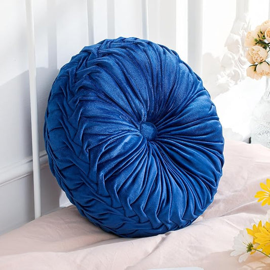 1 Pcs Round Throw Pillows Decorative Velvet Pleated Throw Pillows 15'' Diameter Accent Pumpkin Boho Chair Cushion for Couch Sofa Chair Bed Home Decoration (Navy Blue)