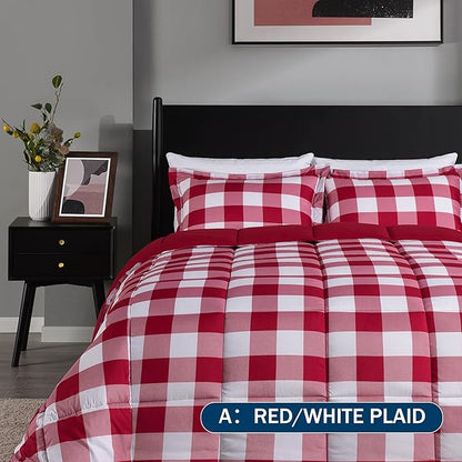 downluxe Lightweight Plaid Comforter Set (Twin) with 1 Pillow Sham - 2-Piece Set - Red/White Plaid - Down Alternative Reversible Comforter