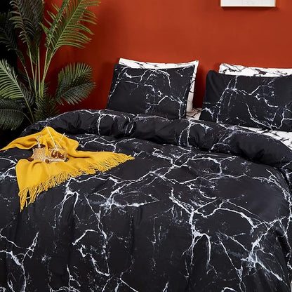 CLOTHKNOW Black White Full Size Comforter Sets 3Pcs Marble Bedding Comforter Sets Soft All Season Black Comforters with 2 x Pillow Cases