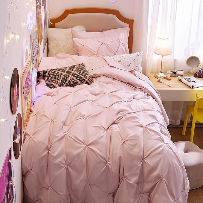 Bedsure Twin Comforter Set Pink for Women - Bed in a Bag Twin Size Bedding 5 Pieces, GentleSoft™ Pintuck Bed Set Gift for Family, Pinch Pleat Pink Comforter with Sheets, Pillowcase & Sham