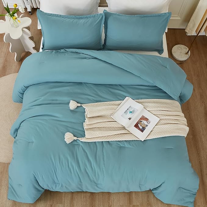 Litanika Grayish Teal Comforter Queen Size, 3 Pieces Lightweight Solid Bedding Set, All Season Fluffy Bed Set (90x90In Comforter & 2 Pillowcases)