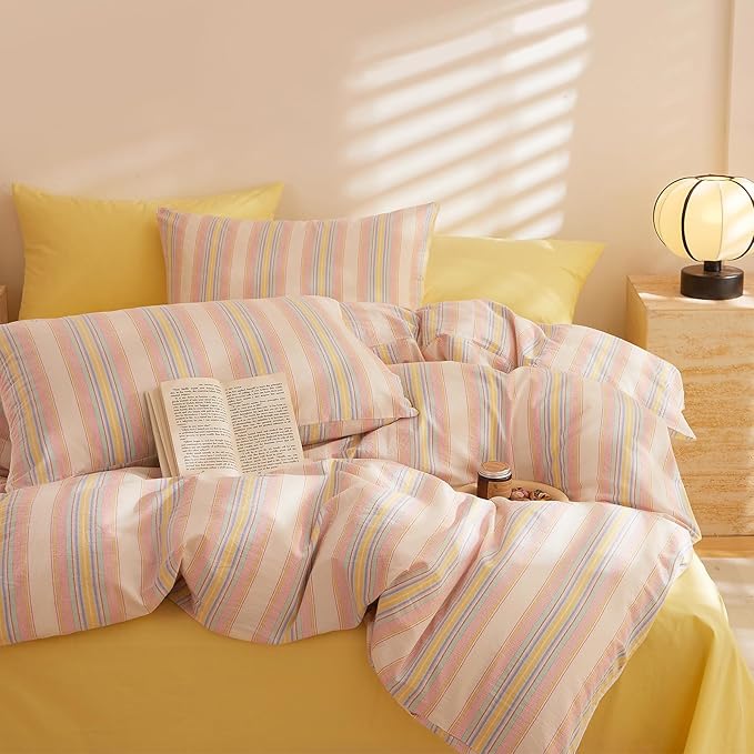 HighBuy Full Comforter Set 3 Pieces Pink Striped Comforter Set Geometric Stripes Printed Bedding Comforter for Boys Girls Fluffy Soft Lightweight Striped Bedding Set Full