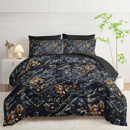 7 Piece Black and Gold Baroque Comforter Set Queen，Baroque Queen Bedding，(1 Comforter, 1 Flat Sheet, 1 Fitted Sheet, 2 Pillowcase and 2 Pillow Sham)，Baroque Gothic Bedroom Decor