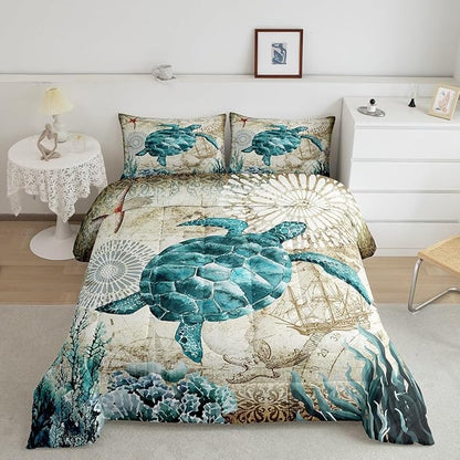 Erosebridal Turtle Bedding Teal Turtle Comforter Set Turquoise Ocean Themed Mediterranean Style Printed Design Ocean Turtle Down Comforter Quilted Duvet Set Full Size 1 Comforter 2 Pillowcases
