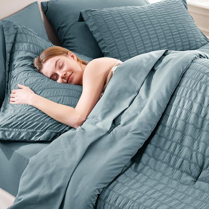 CozyLux Full Size Comforter Sets with Sheets 7 Pieces, Mineral Blue Seersucker Bed in a Bag Textured Luxury Soft Bedding Set with Down Alternative Comforter, Sheets, Pillowcases & Shams All Seasons