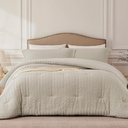 Oatmeal Queen Comforter Set - 3 Pieces Seersucker Lightweight Bedding Comforter Sets (1 Soft Fluffy Comforter & 2 Pillowcases) - All Seasons Cozy Modern Bed Sets