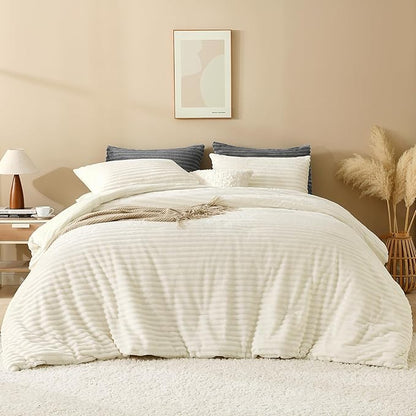 Andency Cream California King Comforter Set, 3 Pieces Fleece Cal King Comforter Set, Soft Warm Fluffy Fuzzy Bedding Set for Winter (1 Comforter & 2 Pillowcases)