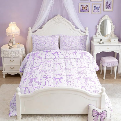 Cartoon Bowknot Kids Bedding Set King Size,Purple Bow Tie Comforter Set 3Pcs,Butterfly Knot Princess Girls Quilt Set for Teens Woman,Bow Stars Love Sweet Girly Duvet Insert,2 Pillowcases